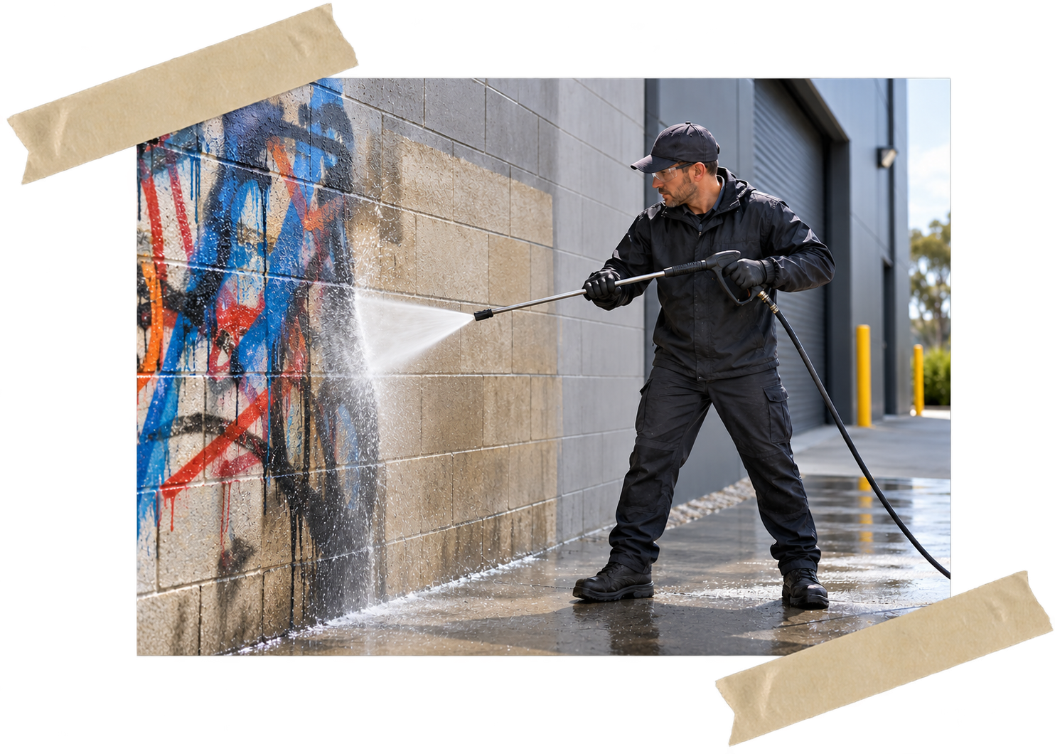 Professional cleaner pressure-washing graffiti from a masonry wall